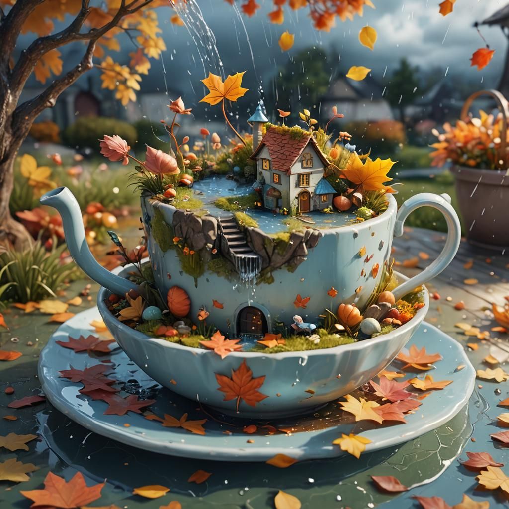 Miniature Fairy Garden in Teacup: 3D Anime Art