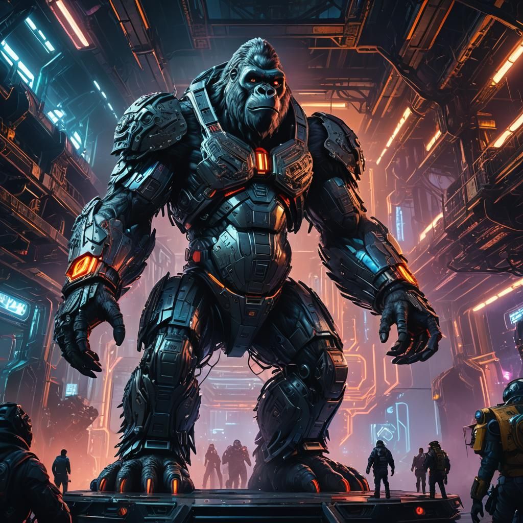 Futuristic Gorilla on Metallic Platform in Sci-Fi Art