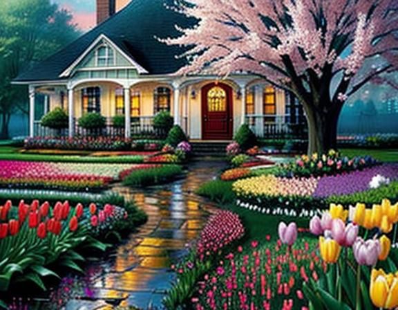 Spring Garden in Rain Showers as Kinkade Painting