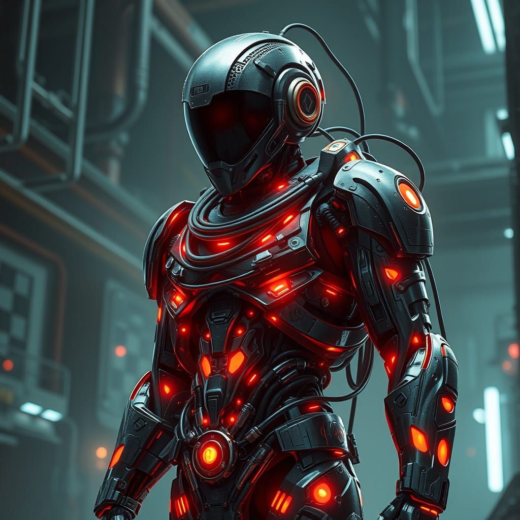 Futuristic Cyborg in Metallic Suit with Glowing Circuits