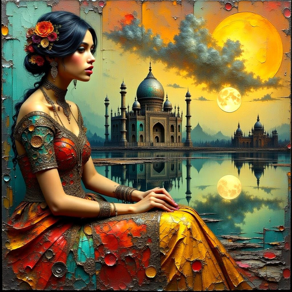 Surreal Oil Painting of Modern Indian Woman in Antique Cloth...