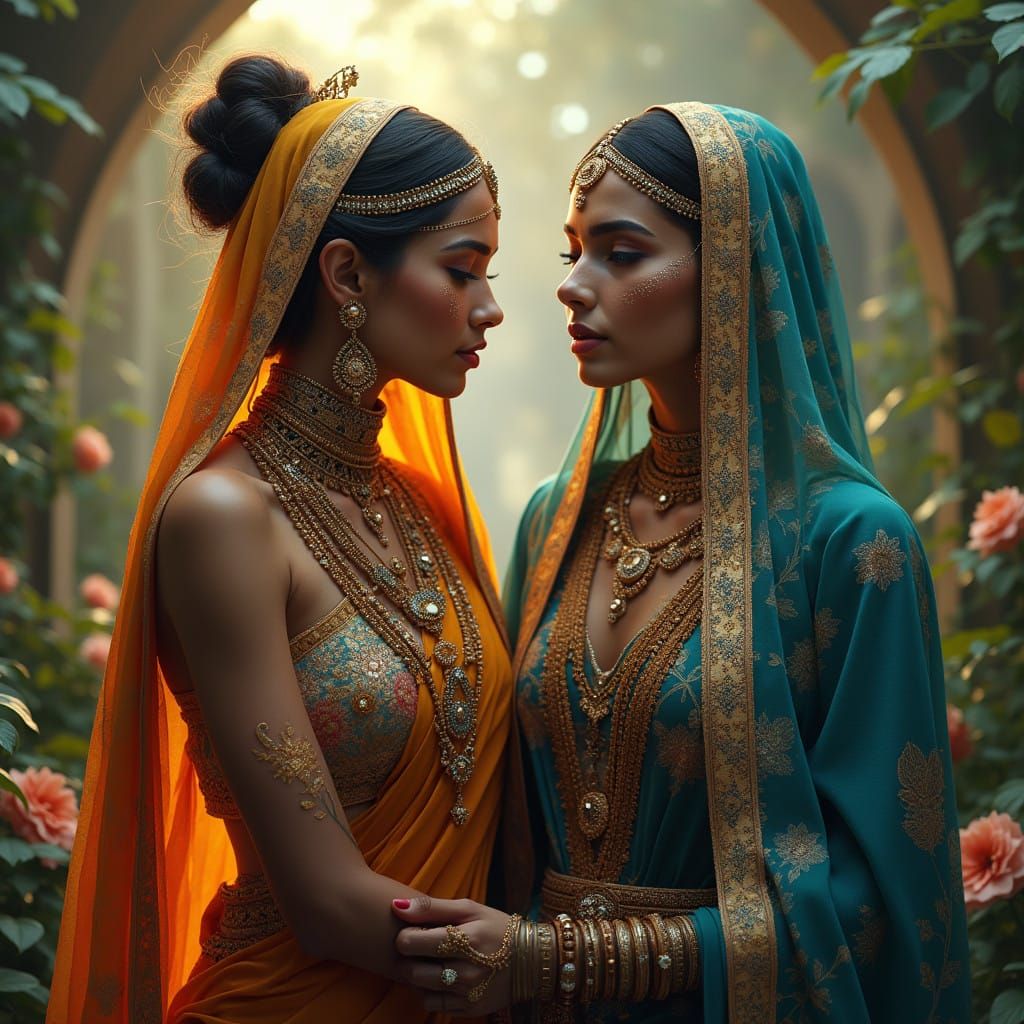 Mystical Indian Goddesses in Vibrant Ornate Attire