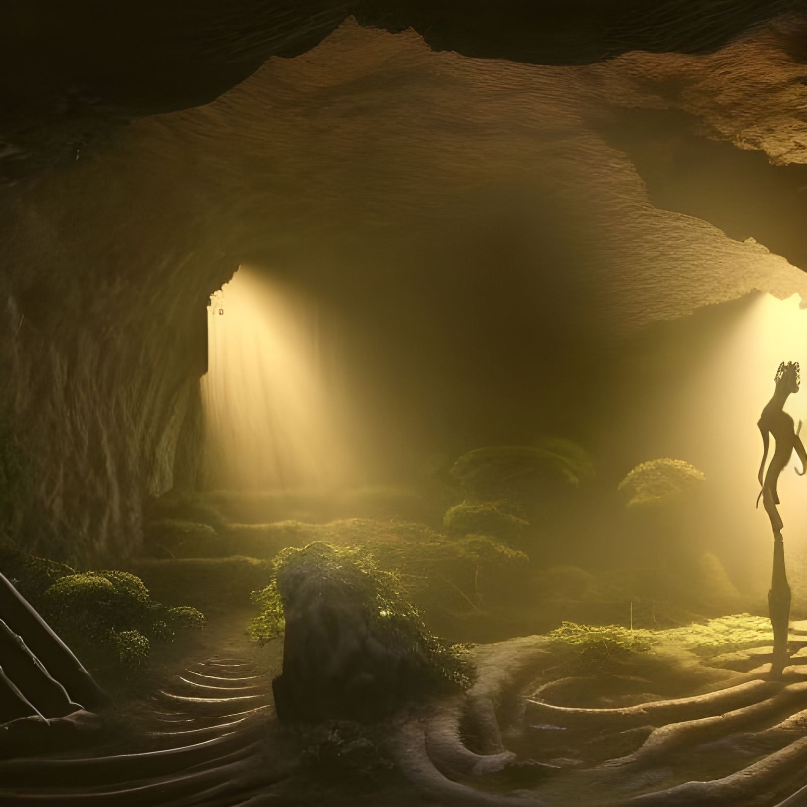 Gloomy Cave with Ancient Paintings and Sunlight