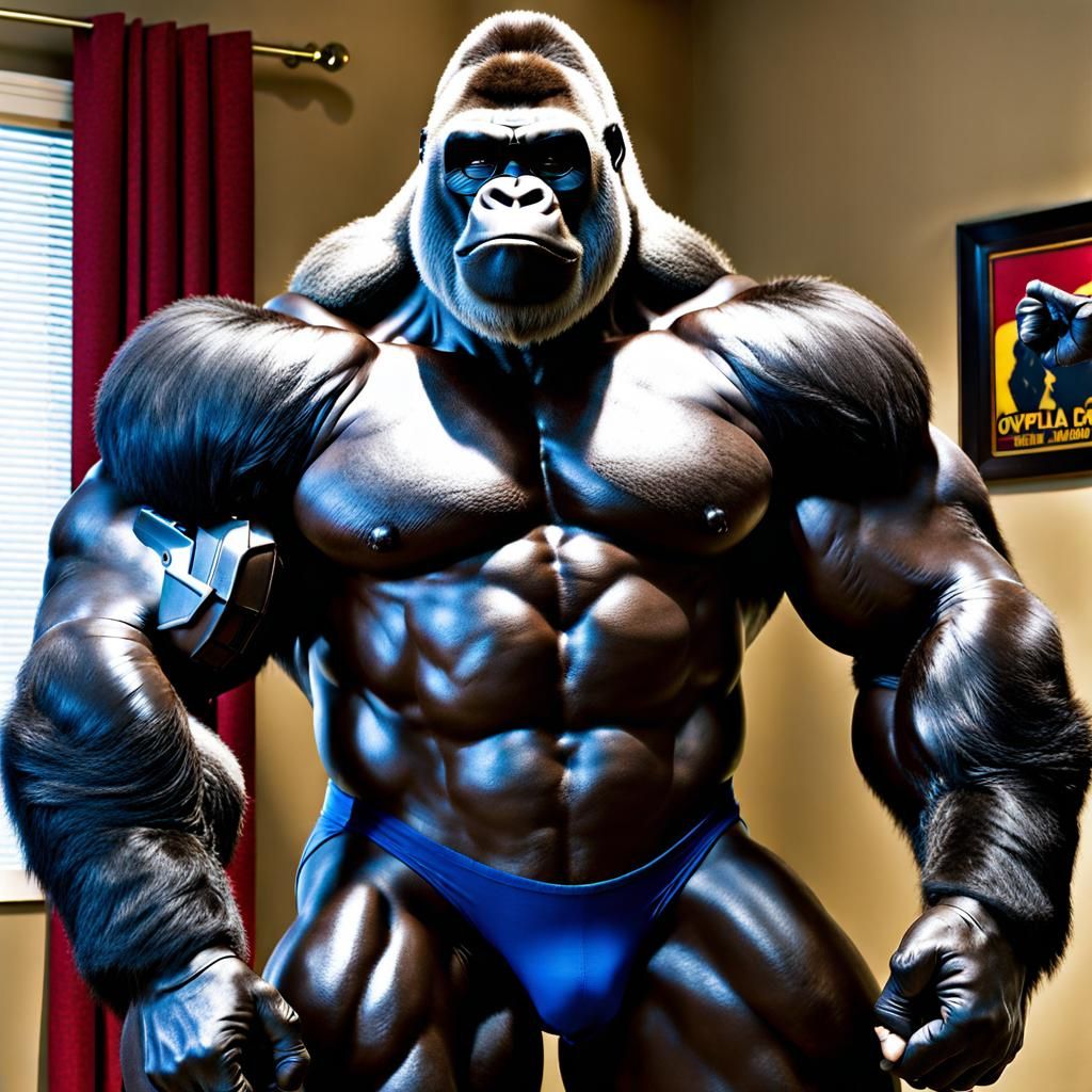 Silverback Gorilla Bodybuilder Flexing in Cozy Bedroom