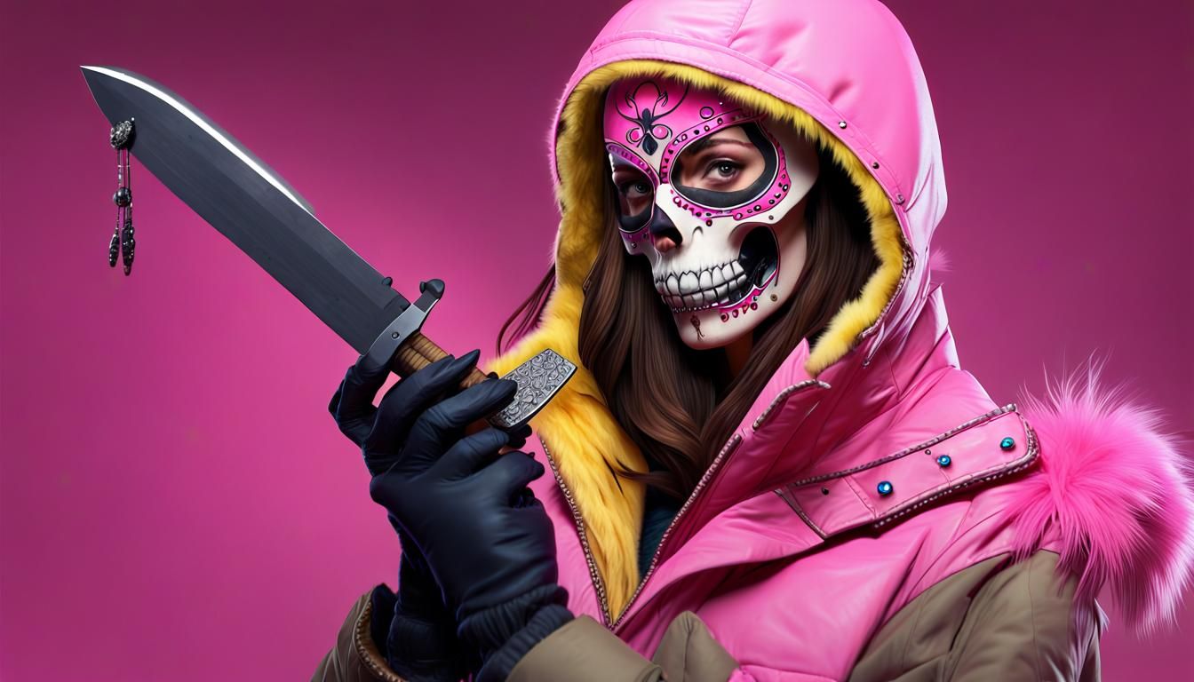 Brunette Assassin with Pink Mask: Digital Matte Painting