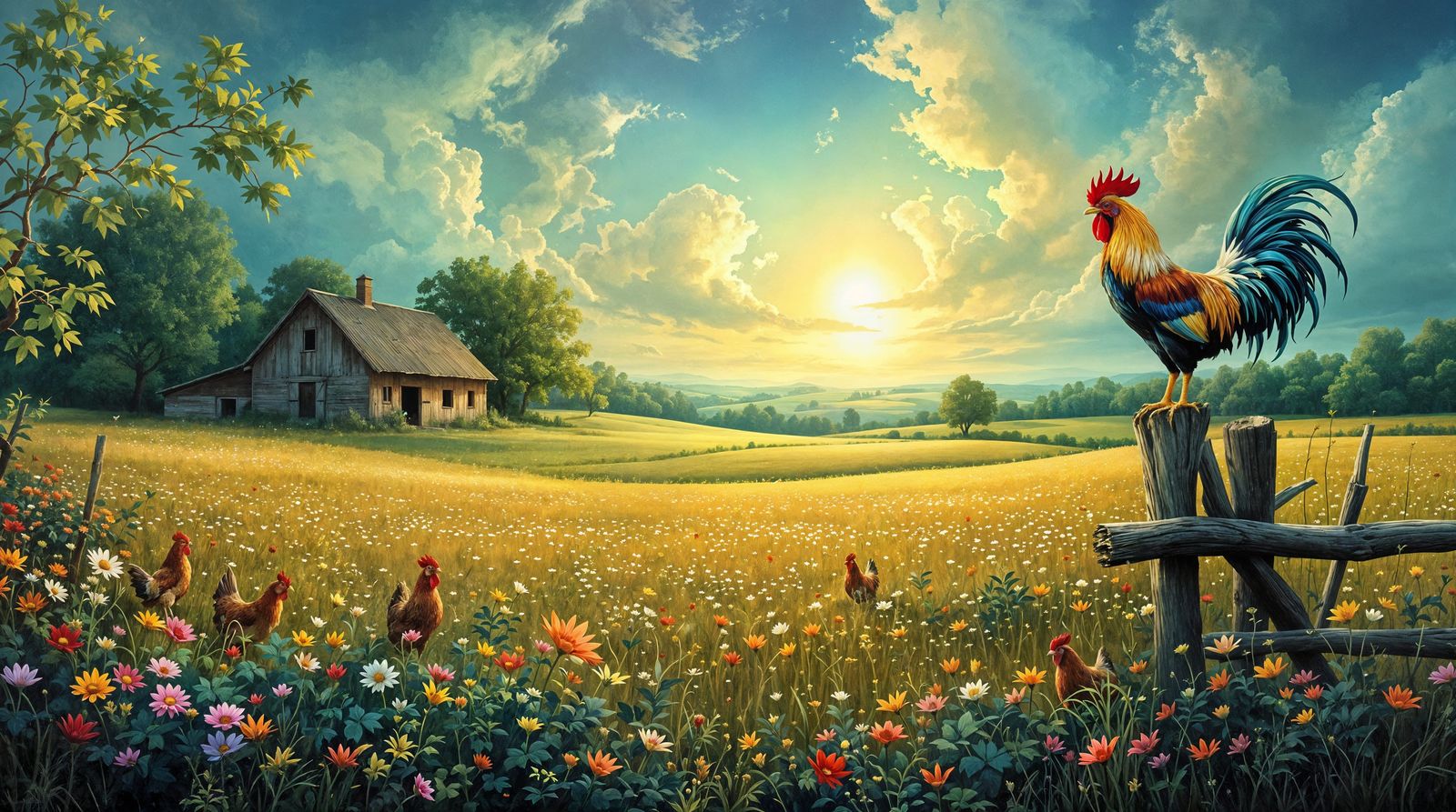 Surreal Countryside Scene in Vibrant Oil Painting