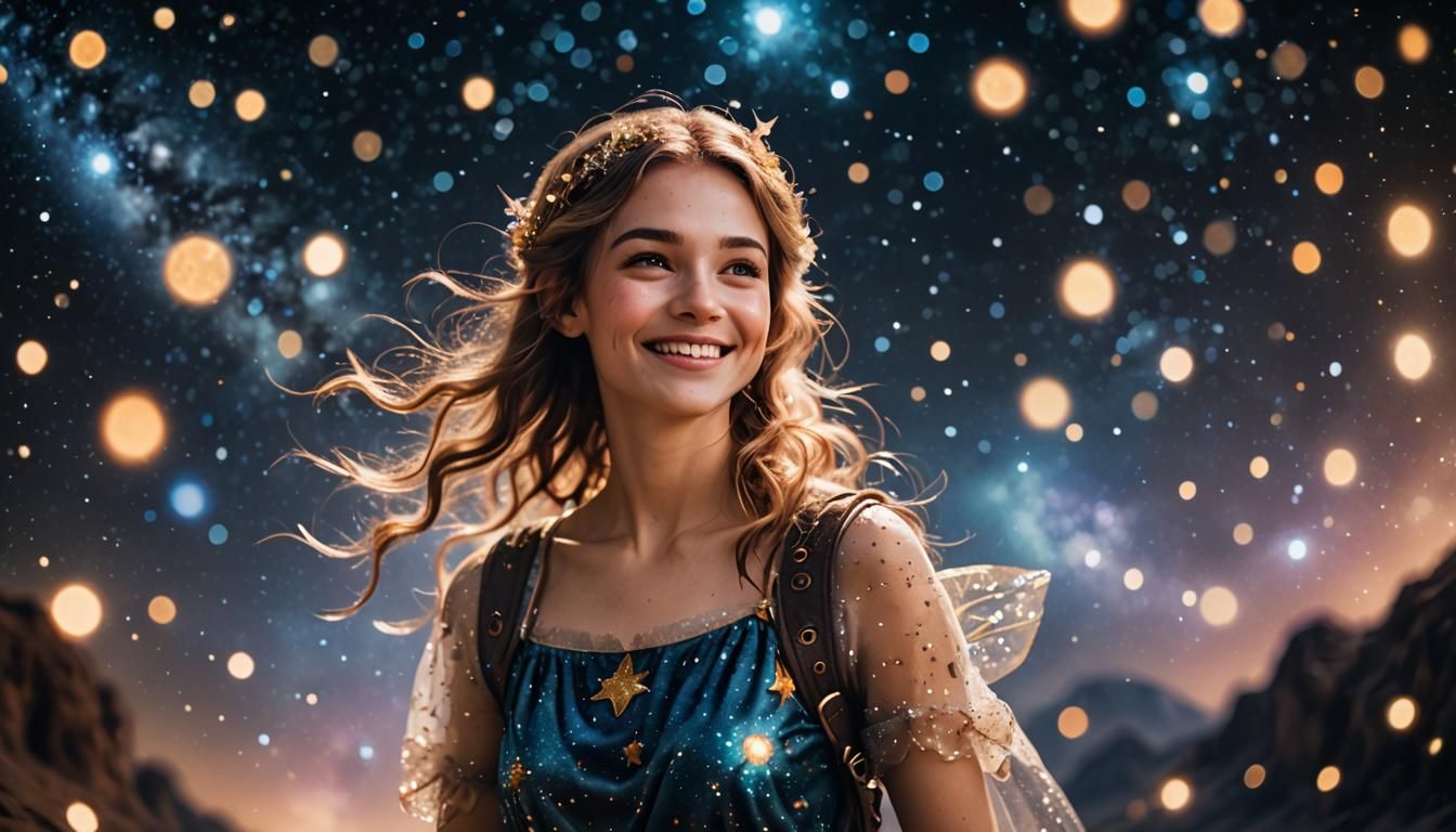Smiling Fairy Walks Among Stars in Space