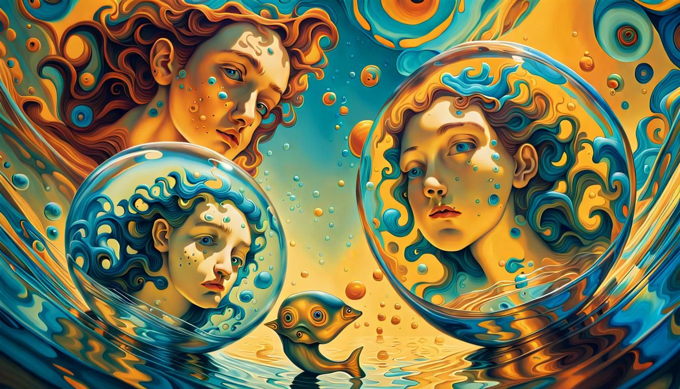 Surreal Souls in Fishbowl: a Vibrant Oil Painting