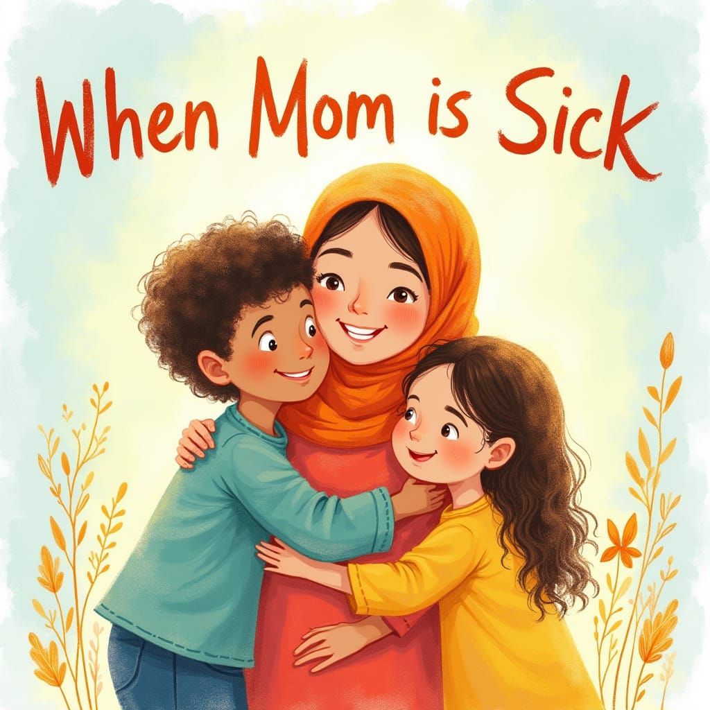 Heartwarming Scene of Siblings Hugging Mom in a Whimsical Cr...