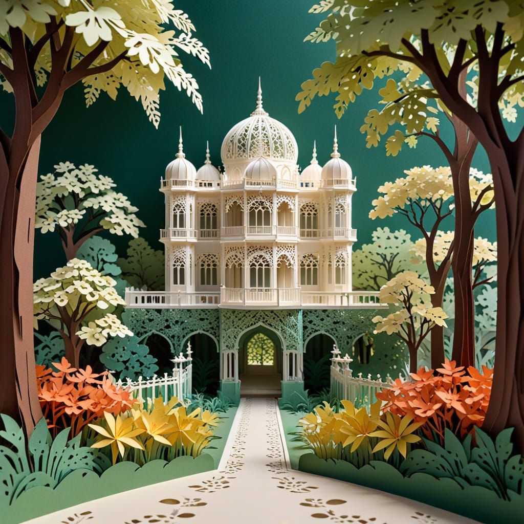 Elegant Kirigami Palace Amidst Lush Wooded Gardens