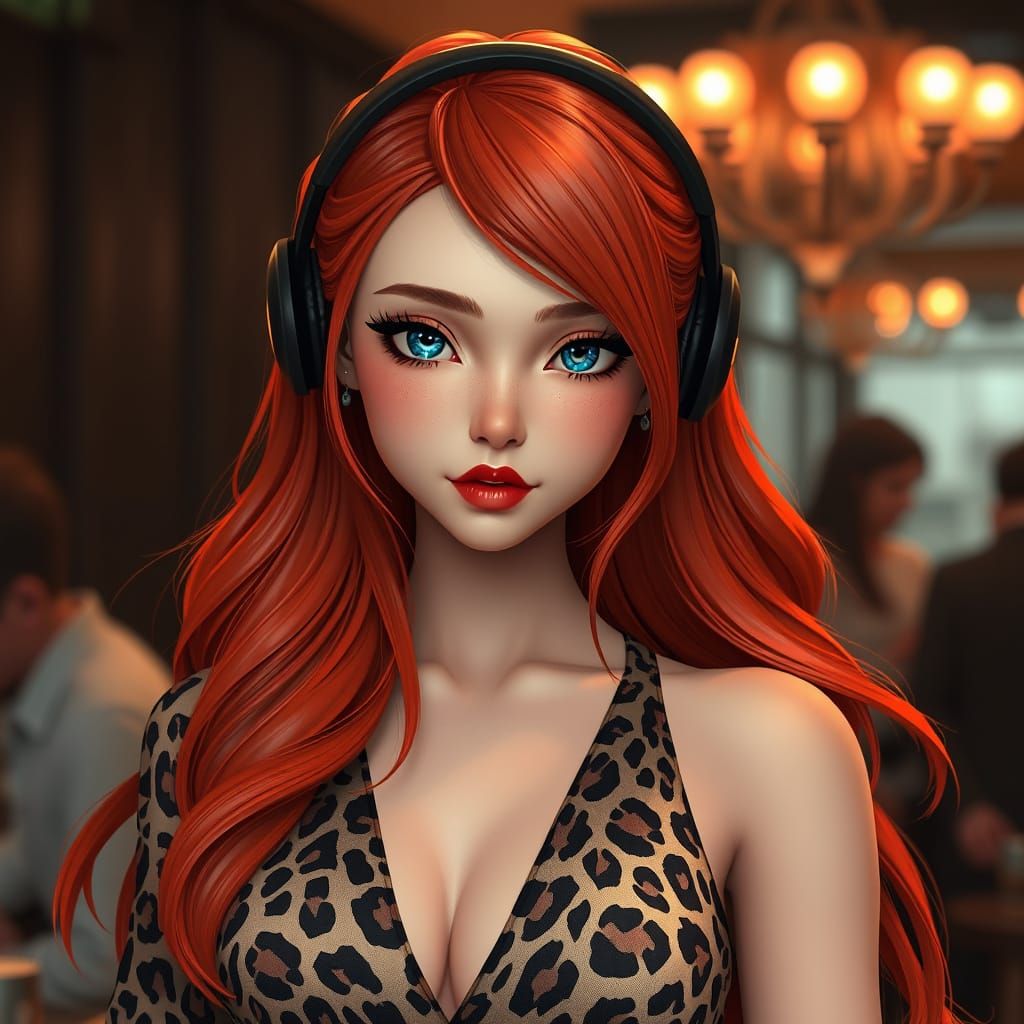 Woman in Leopard Dress with Vibrant Red Hair and Blue Eyes, ...