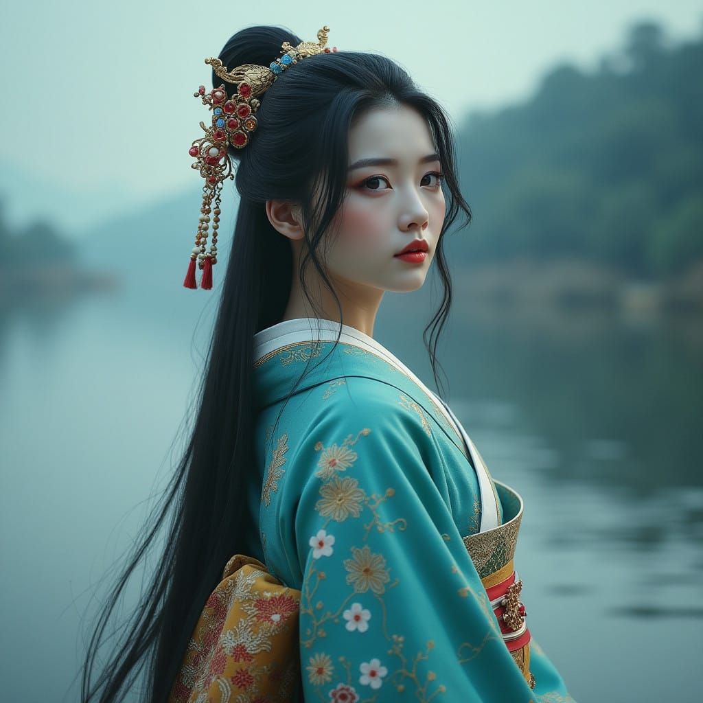 Edo Goddess of Estuaries in Turquoise Kimono