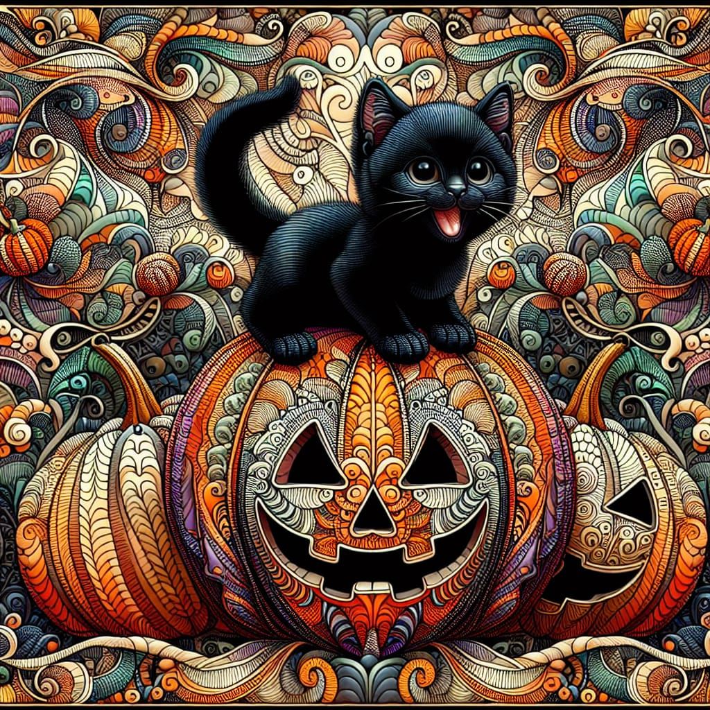 Kitten on Jack-o'-Lantern Zentangle in Illustrative Style