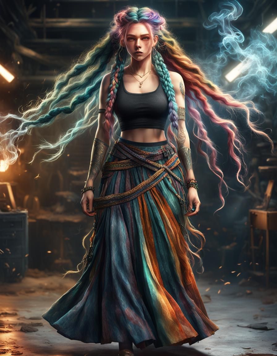 Girl with Braided Multicolor Wild Hair