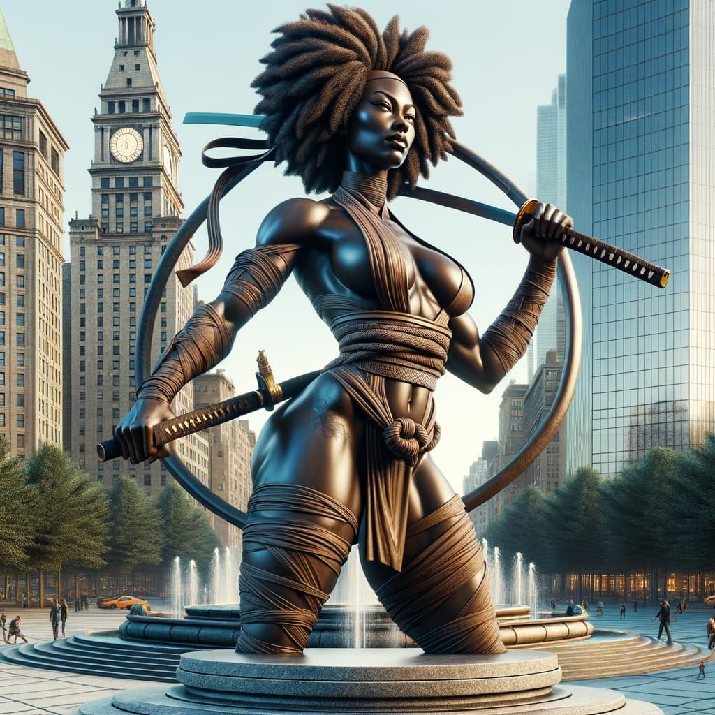 Afro Ninja Statue in Ukiyo-e Style