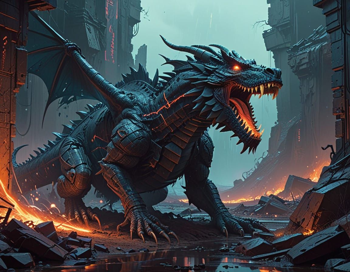 Cyberpunk Warrior Unleashes Glitch-Art Dragon Shout