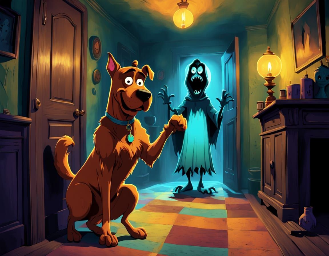 Groovy Ghost Haunts Scooby Doo in Retro Cartoon Style