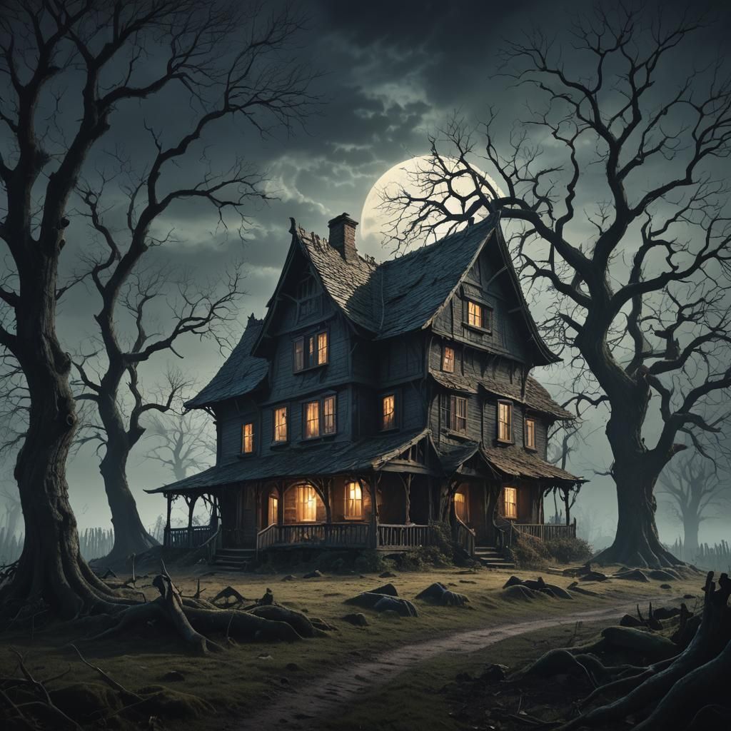 Creepy Cottage in Moonlight: A Dark Surrealist Painting