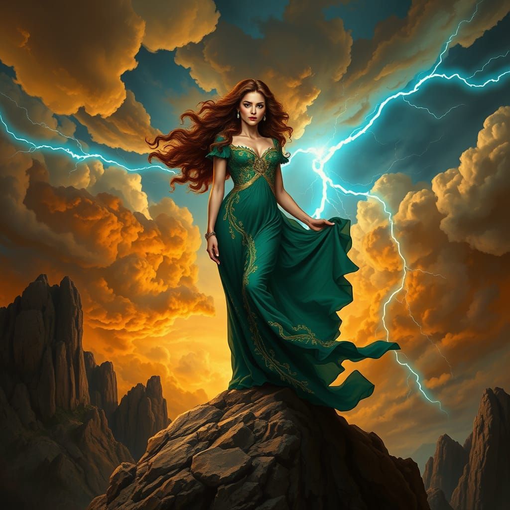 Ethereal Goddess Amidst Turbulent Skies