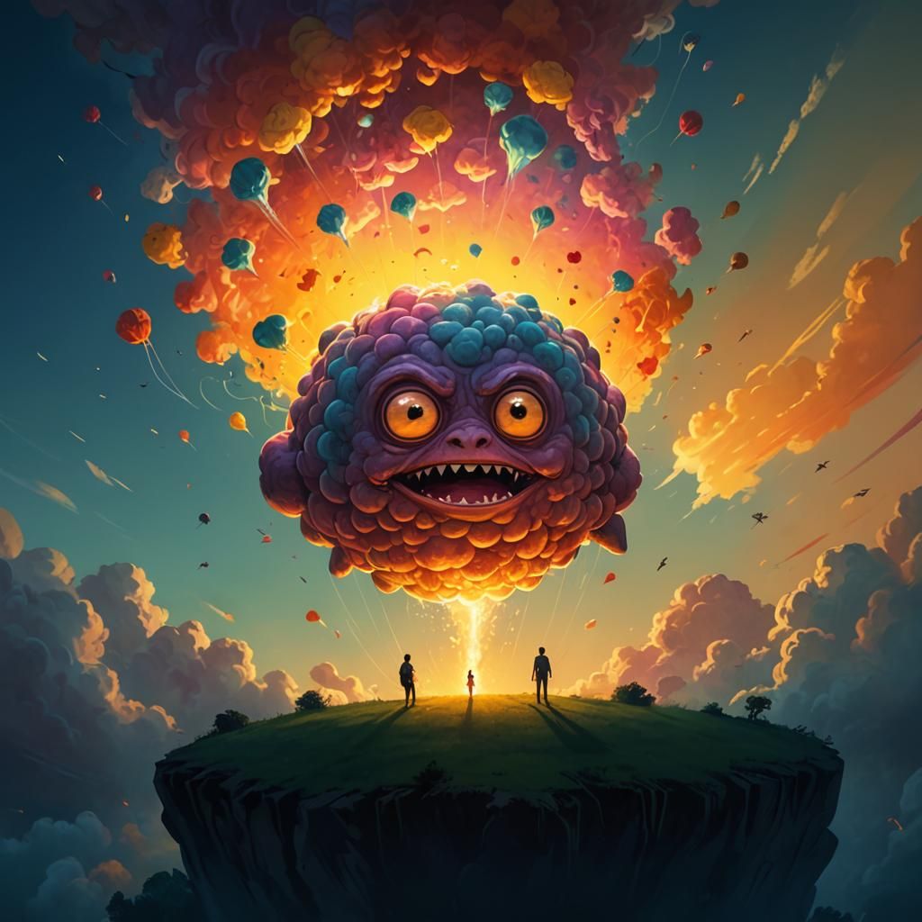 Monster Gazing at Skydiver in Sunset, Digital Painting