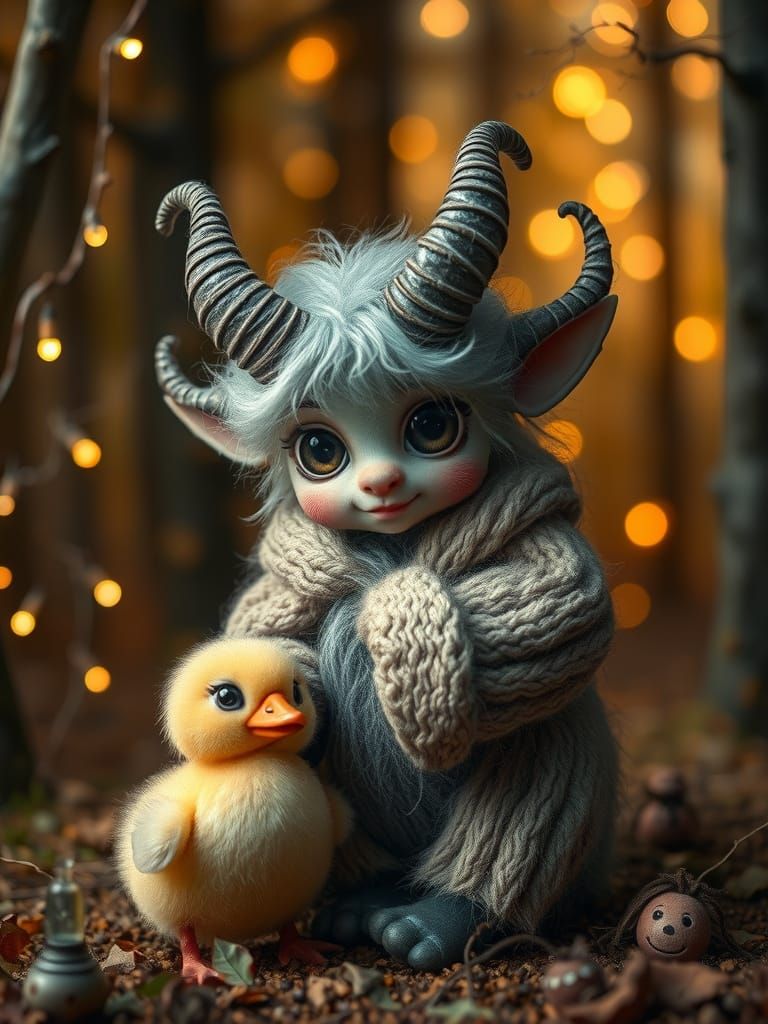 Baby Krampus and Duckling in Magical Forest