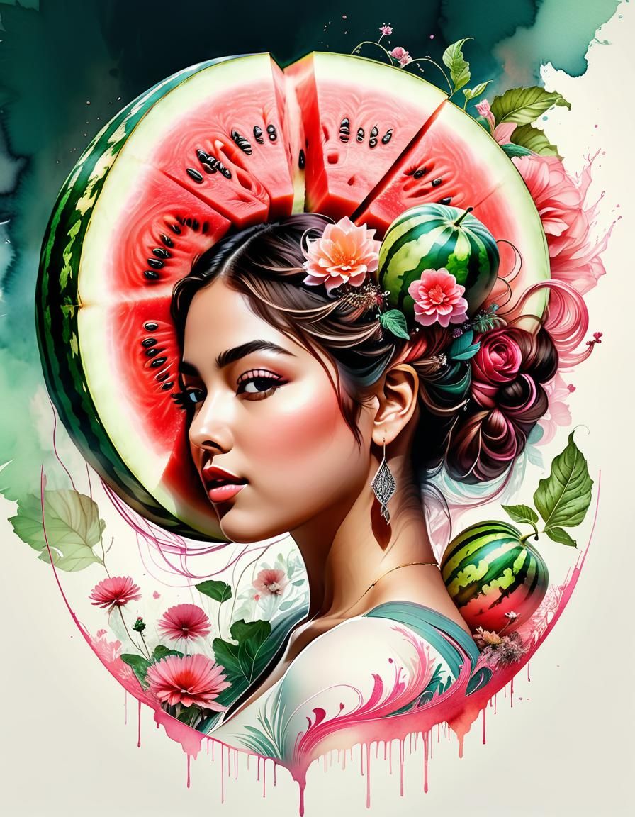 Palestinian Woman with Watermelon: Digital Watercolor Art