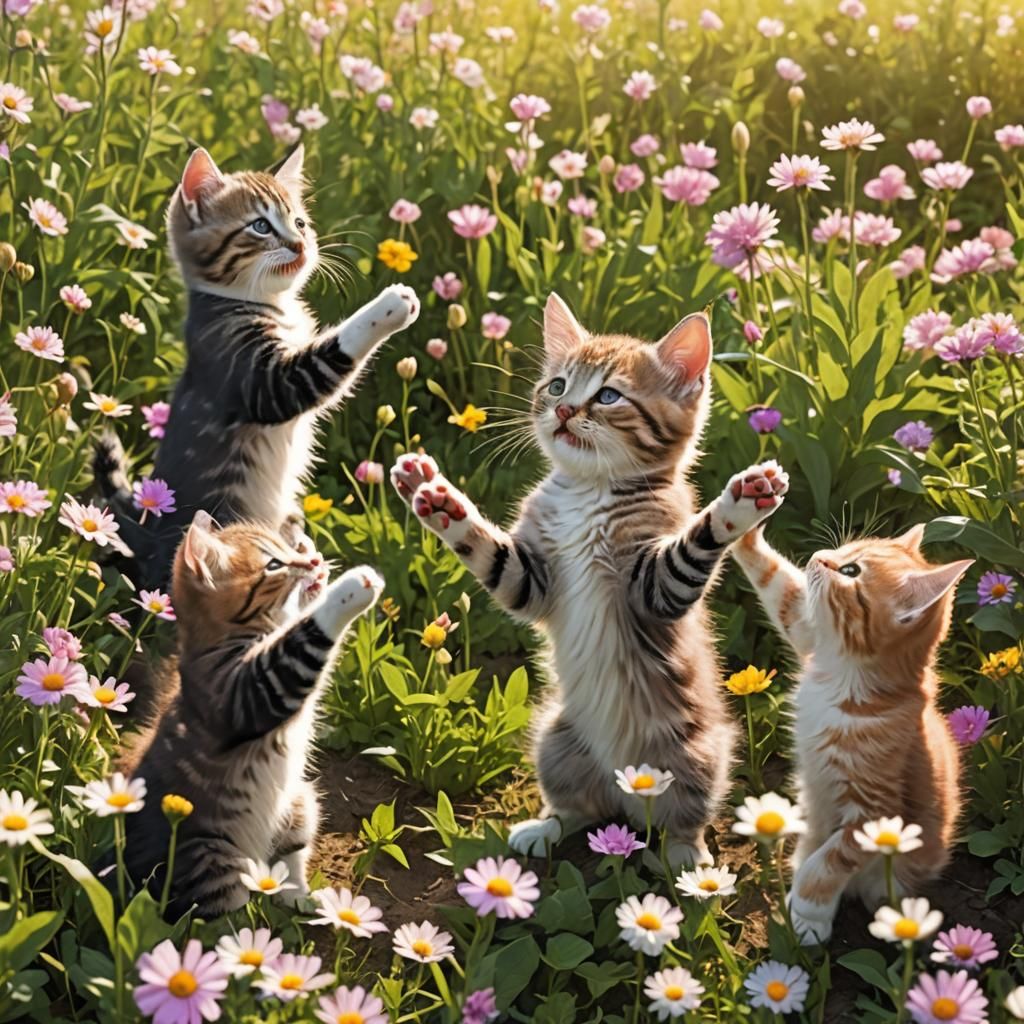Kittens High-Fiving in Sunny Flower Field