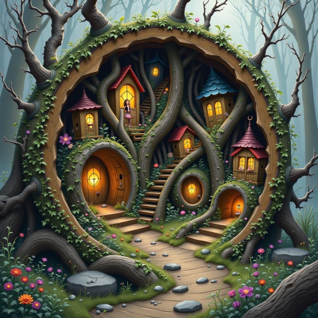 Enchanting Fairy Village in a Hollow Log