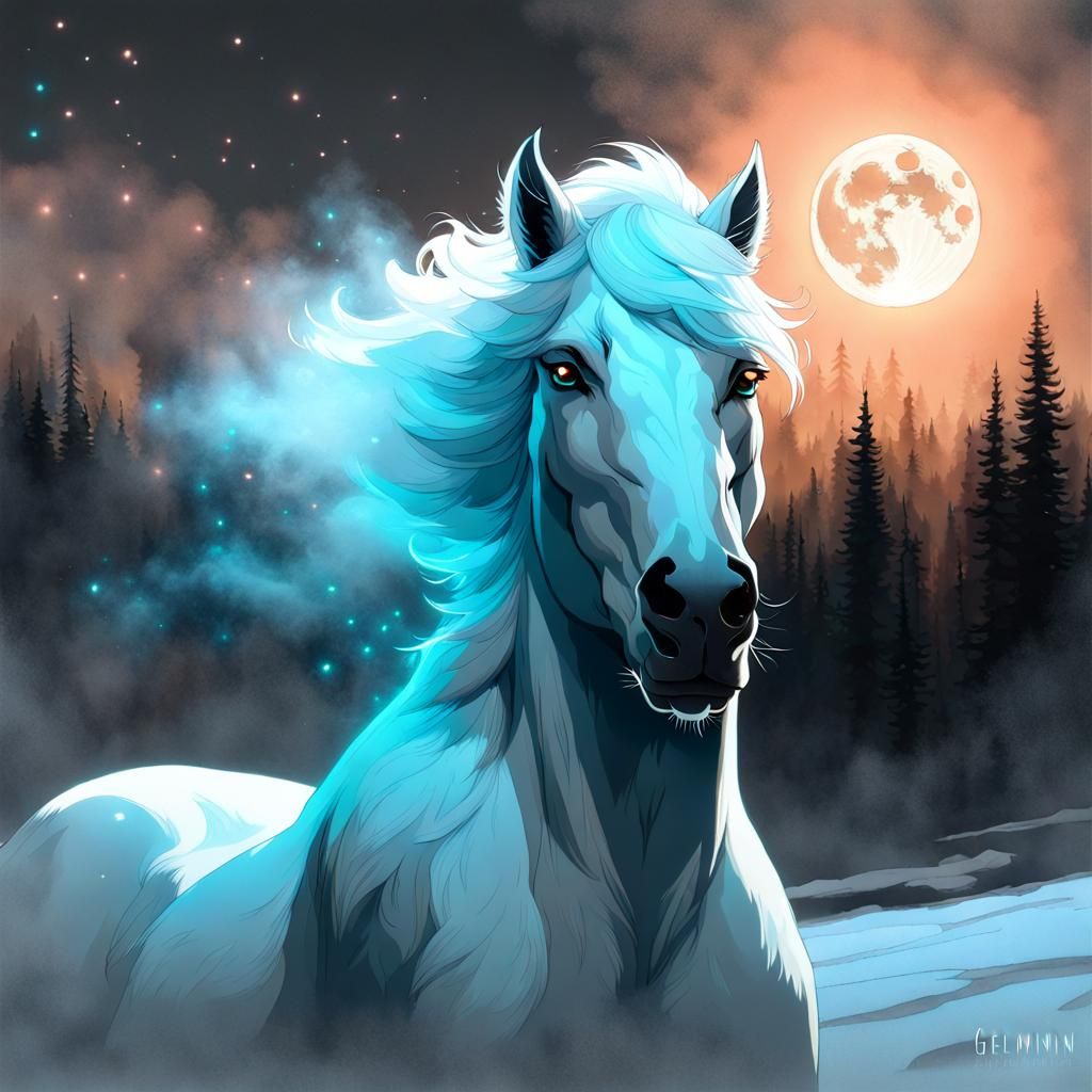Glowing Horse Werebear Portrait with Bioluminescent Moon