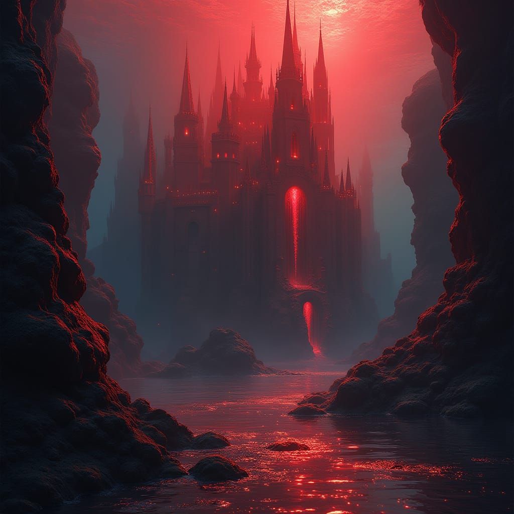 Surreal Underwater Castle in Vibrant Red Light