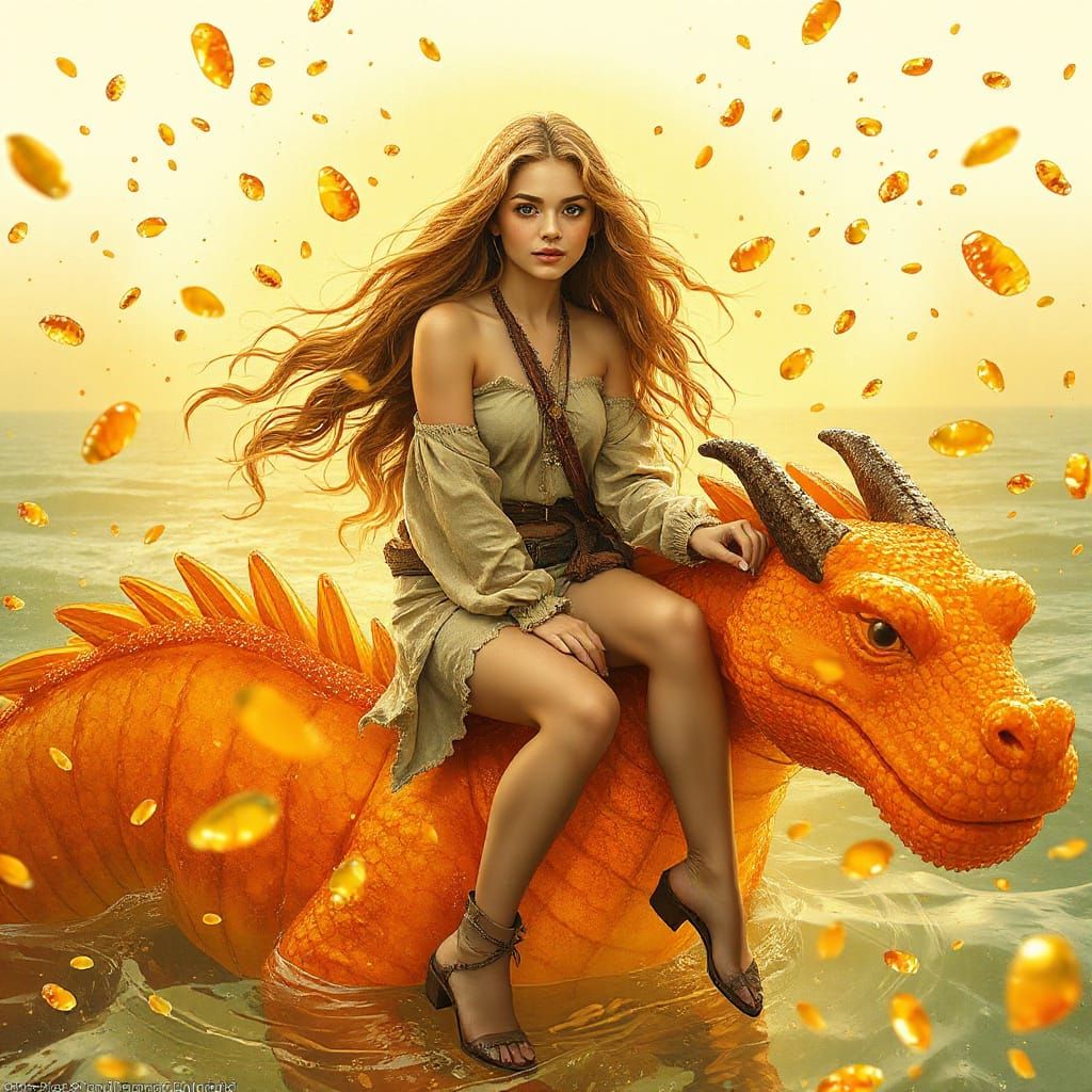 Woman on Gummy Dragon in Effervescent Soda Sea