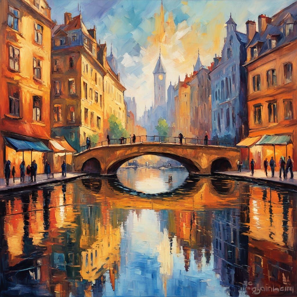 Vibrant Cityscape Reflection in Impressionist Oil Painting