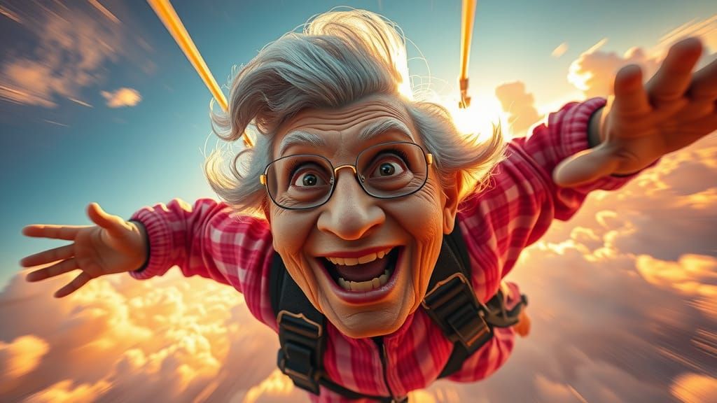 Granny Skydiving at Hyperspeed: A Whimsical Caricature
