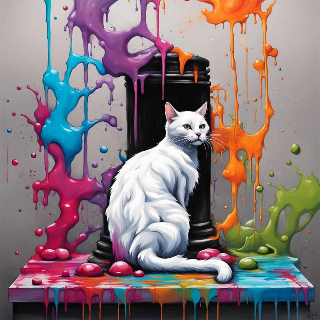 White Cat Licking Paw in Graffiti Art Style