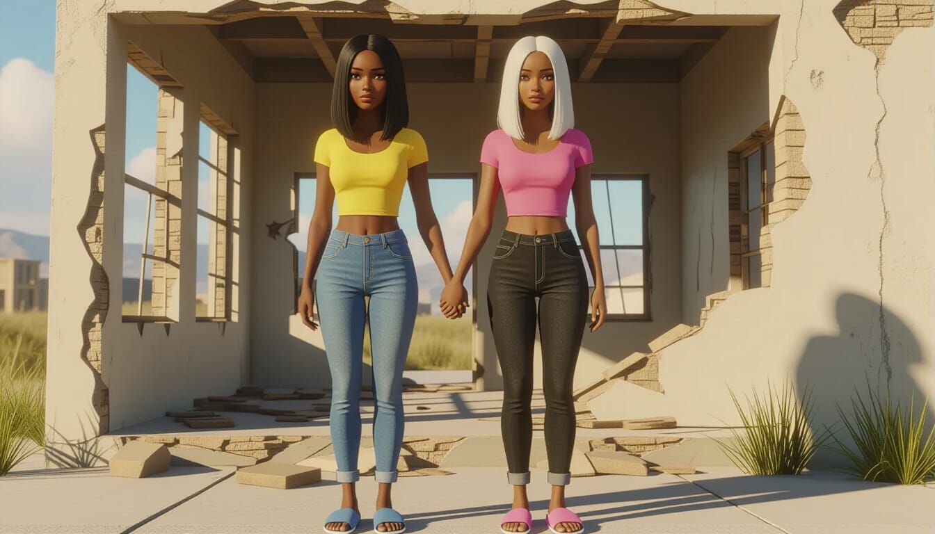 Two African Women, Sad Expressions, Broken Building