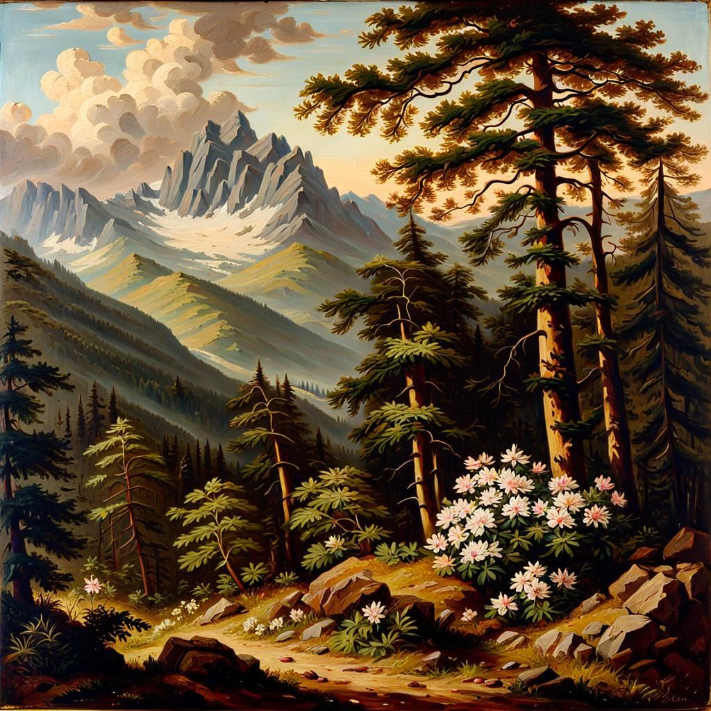 Mountain Landscape with Rhododendrons: Oil Painting