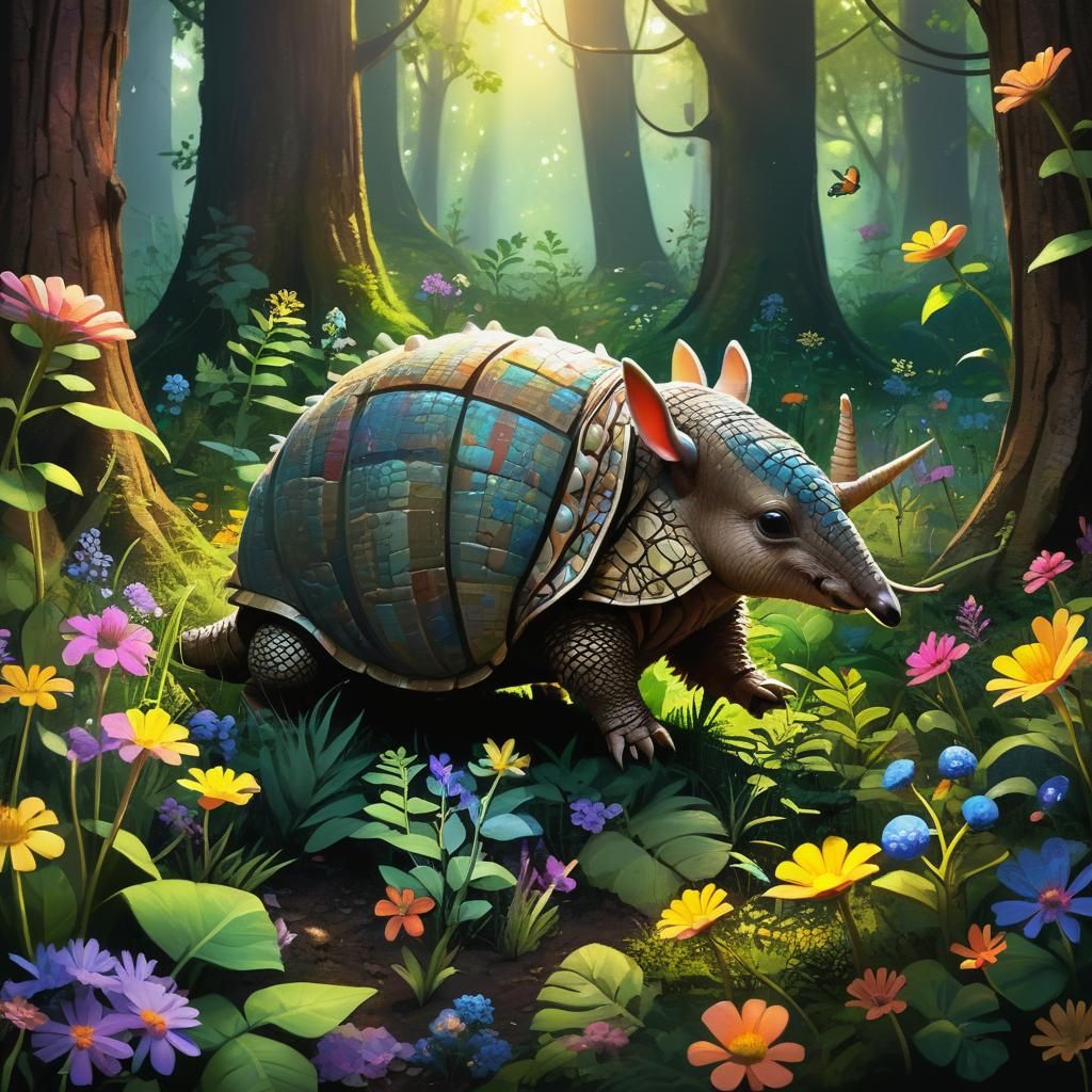 Cute Armadillo in Lush Forest Glade as Digital Painting