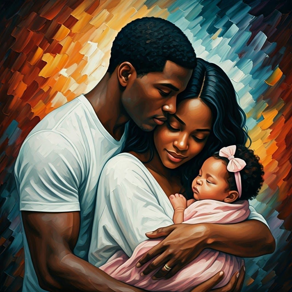 A Young Black Family in Tender Embrace