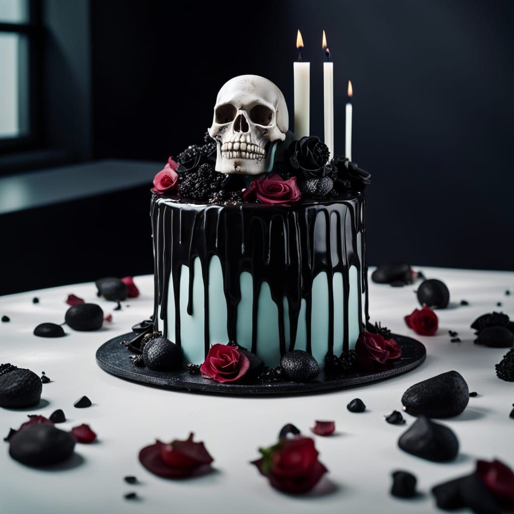 Gothic Skull Drip Cake: Hyperrealistic Splash Art