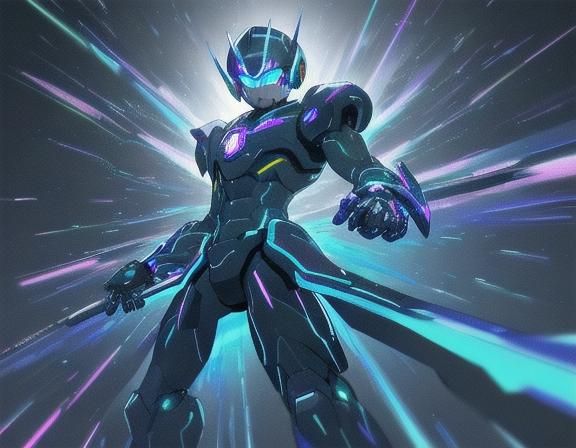 Megaman in Cyberpunk City with Holographic Texture