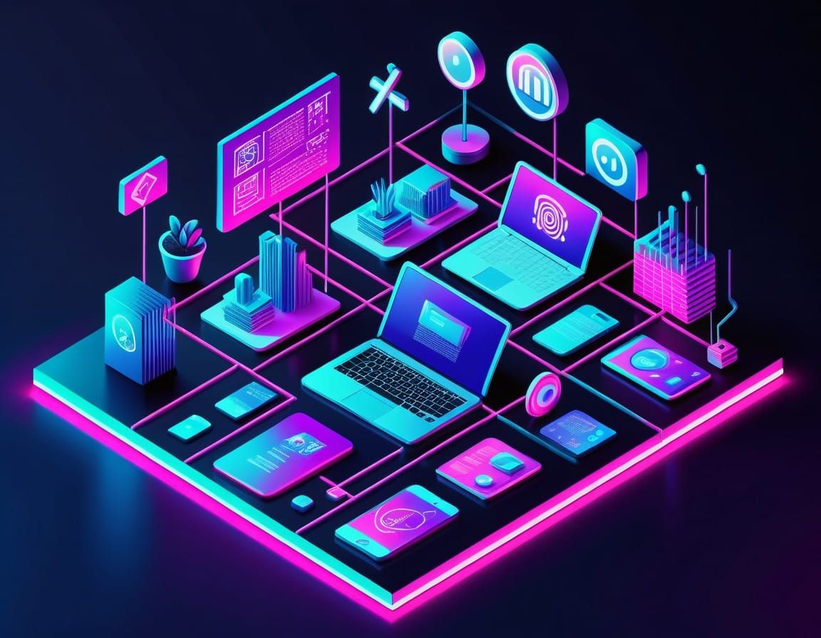 Vibrant Neon Business Icons in 3D Isometric Grid