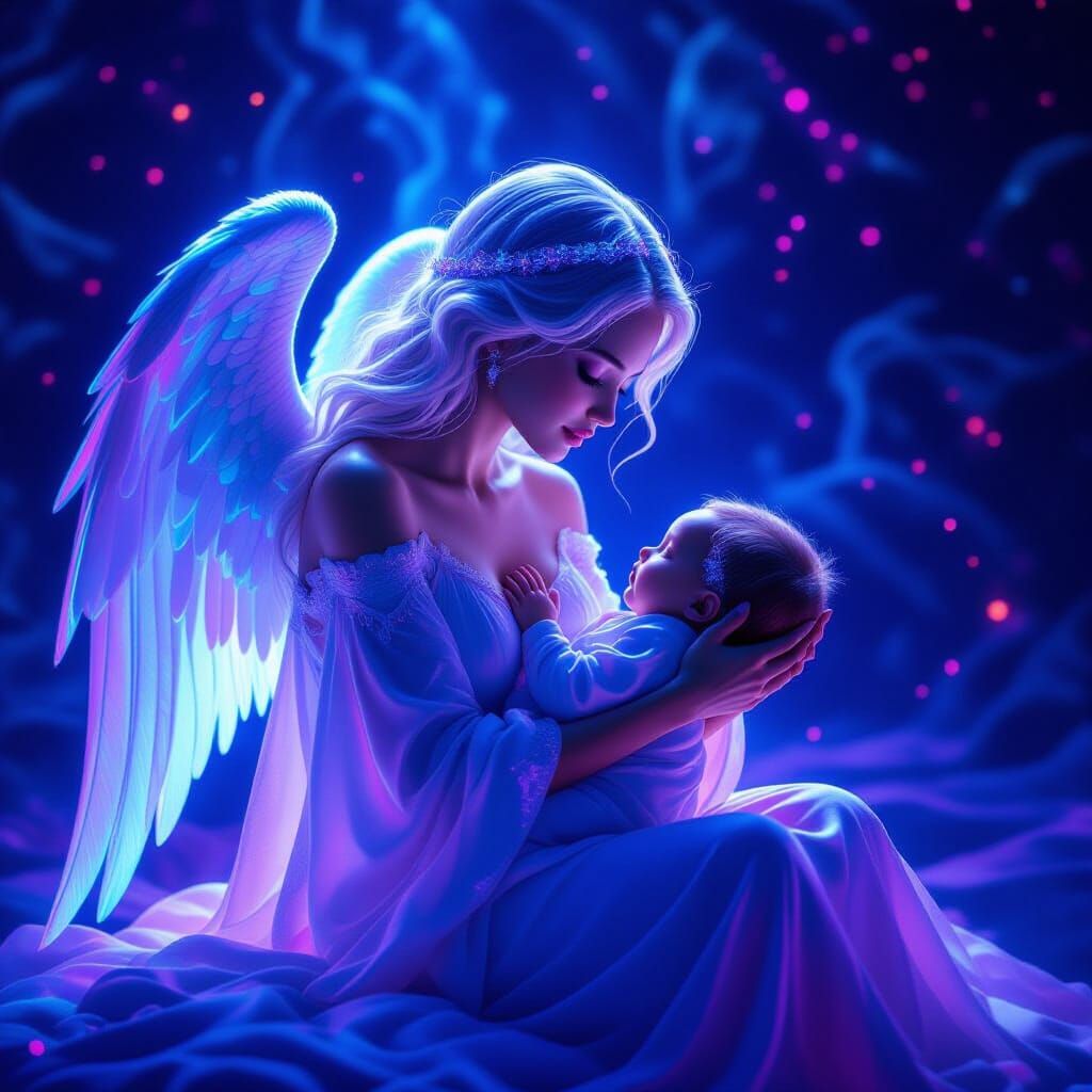 Neon Angel Holding Baby in Sci-Fi Fantasy Style