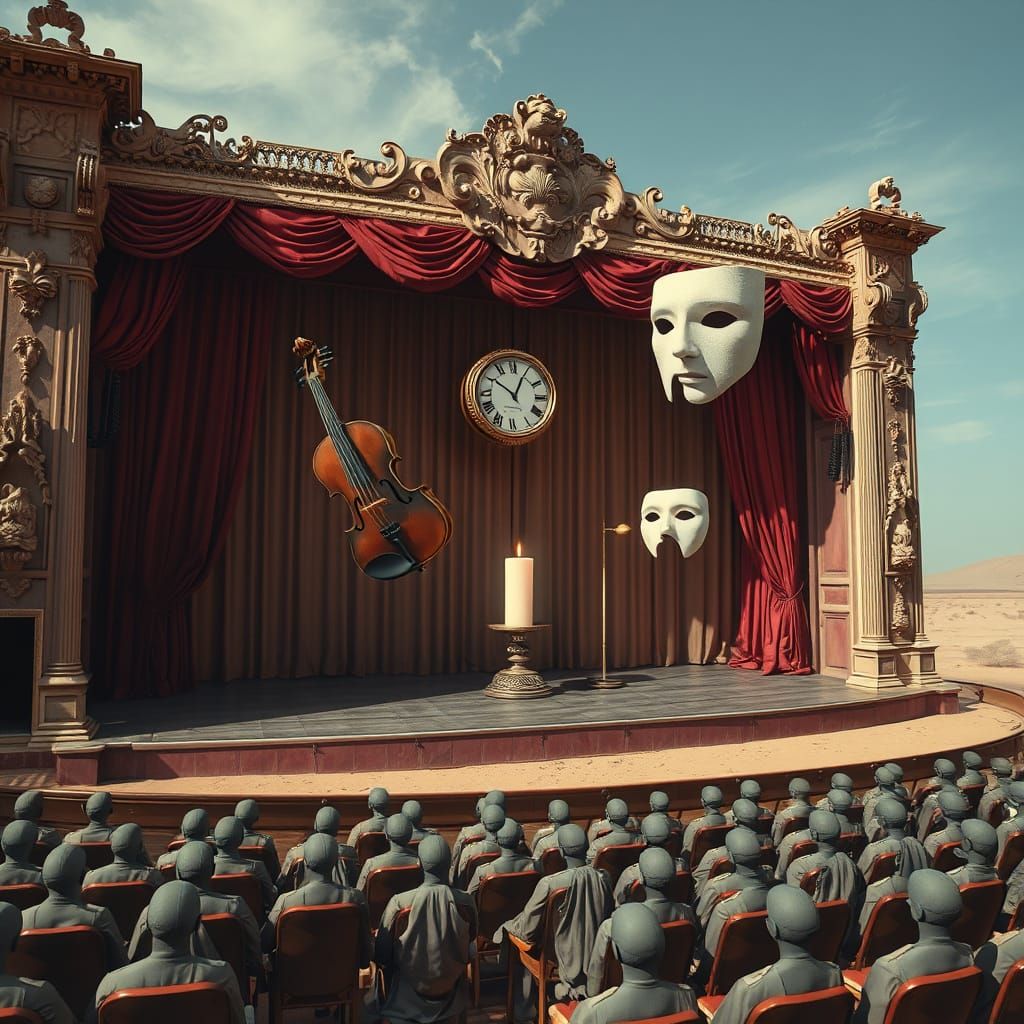 Surreal Desert Theater with Floating Objects