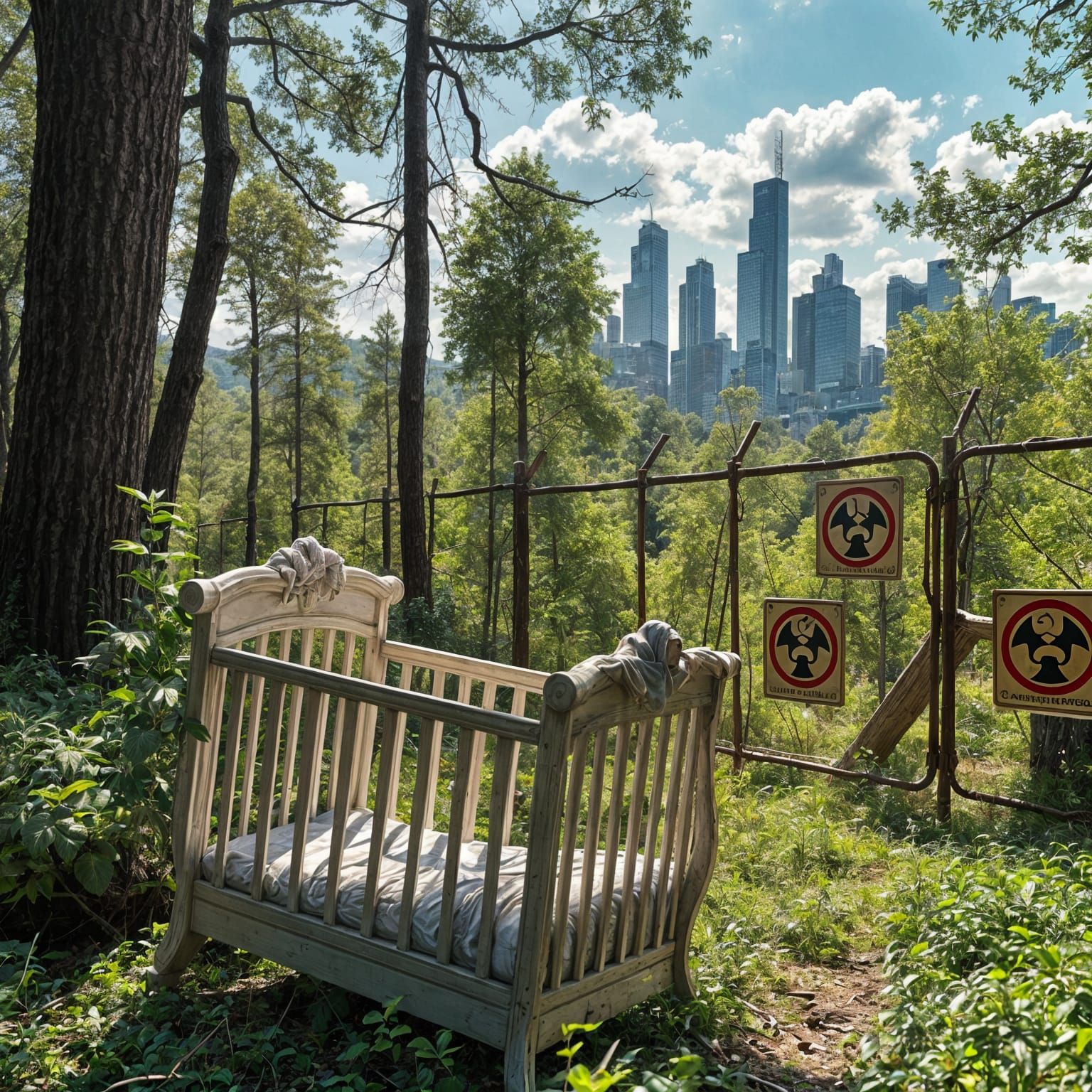 Abandoned Crib in a Haunting Forest Landscape