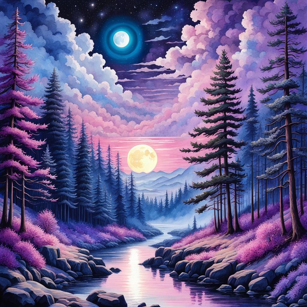 Watercolor Pine Trees Under Purple Moon