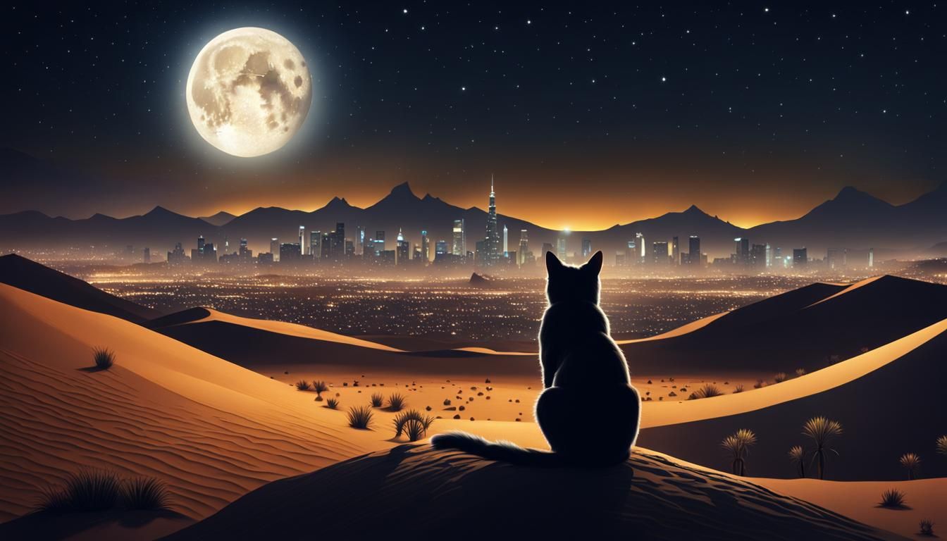 Cat Gazing at Medieval City Skyline in Desert Night
