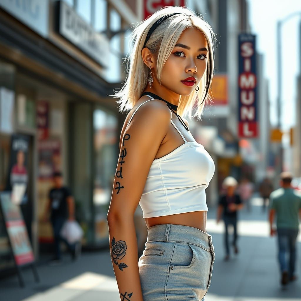 Edgy Laotian Woman with Rose Tattoo in Urban Style