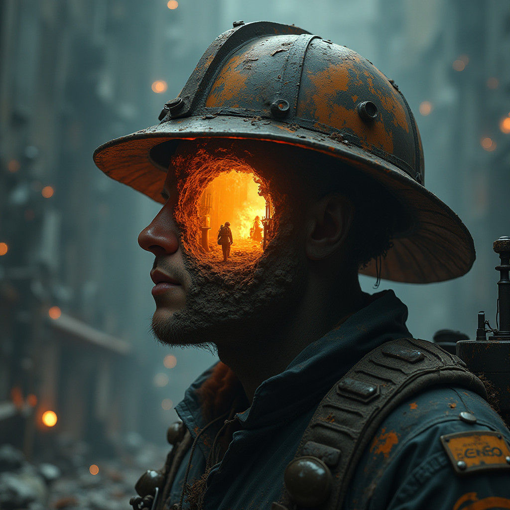 Rock Head Fireman Helmet Silhouette in Dystopian Landscape