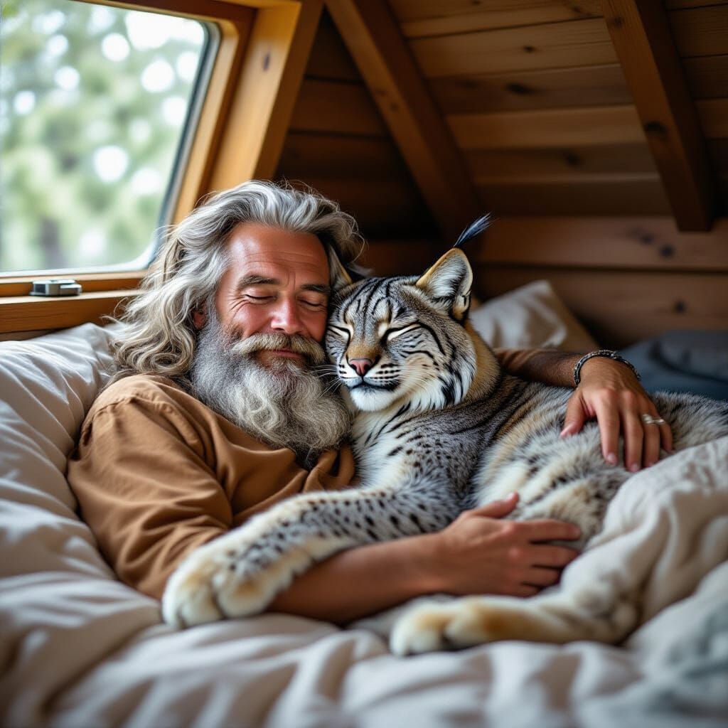 Ageing Hippie Sleeps With Pet Lynx in Cozy Cabin