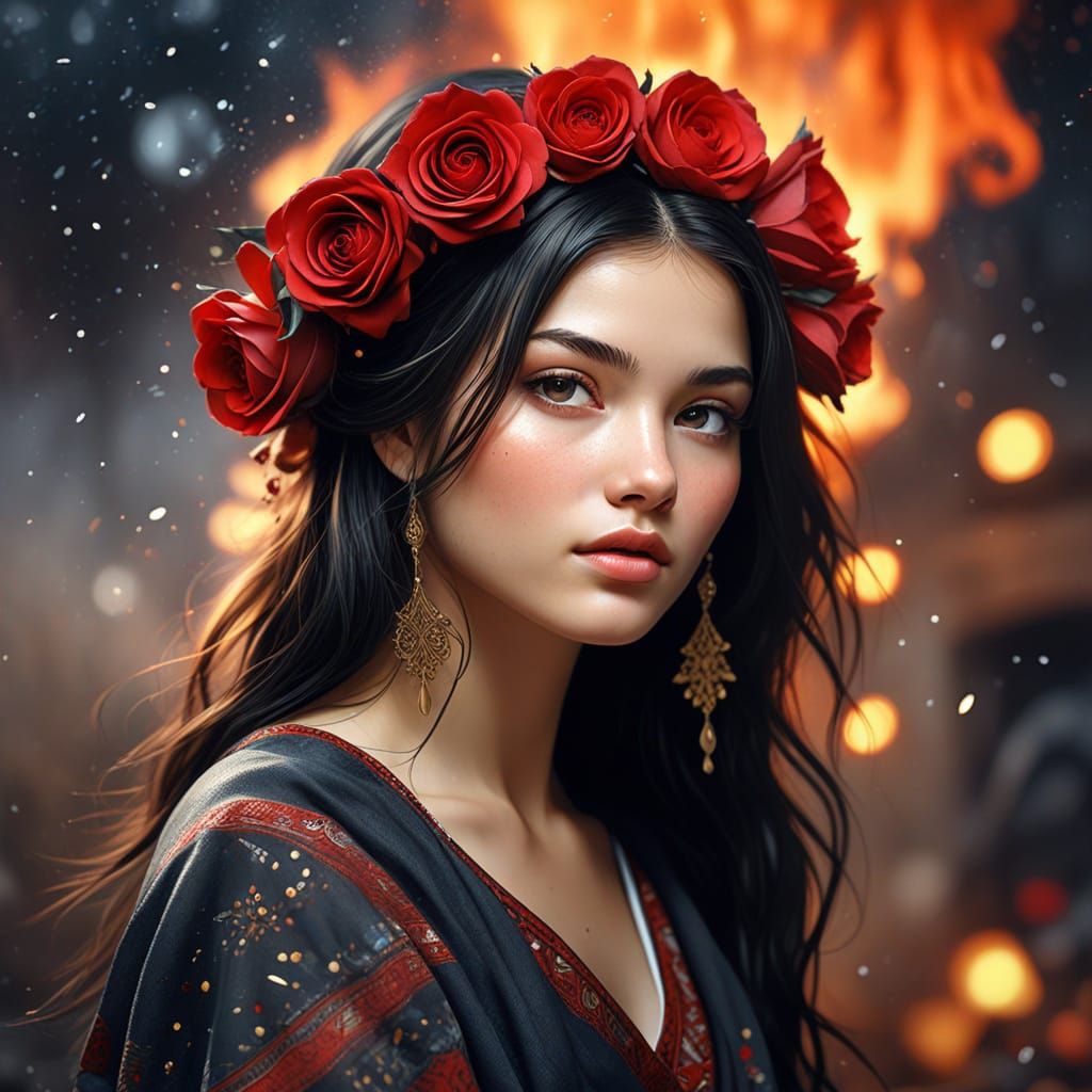 Beautiful Woman Dancing by Fire: Digital Art Portrait
